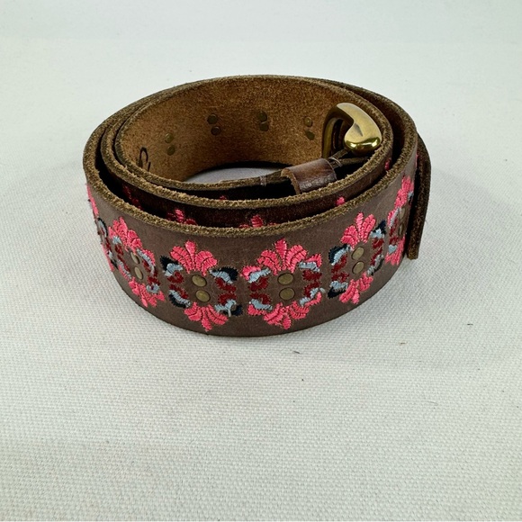 Lucky Brand Brown Leather Embroidered Belt Brass Studs XS - Picture 3 of 8